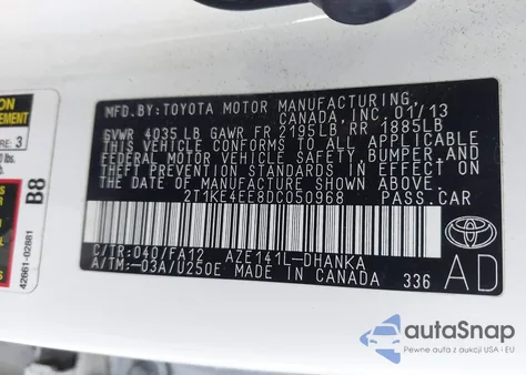 2013 Toyota Matrix S из США, поврежденный, VIN 2T1KE4EE8DC050968